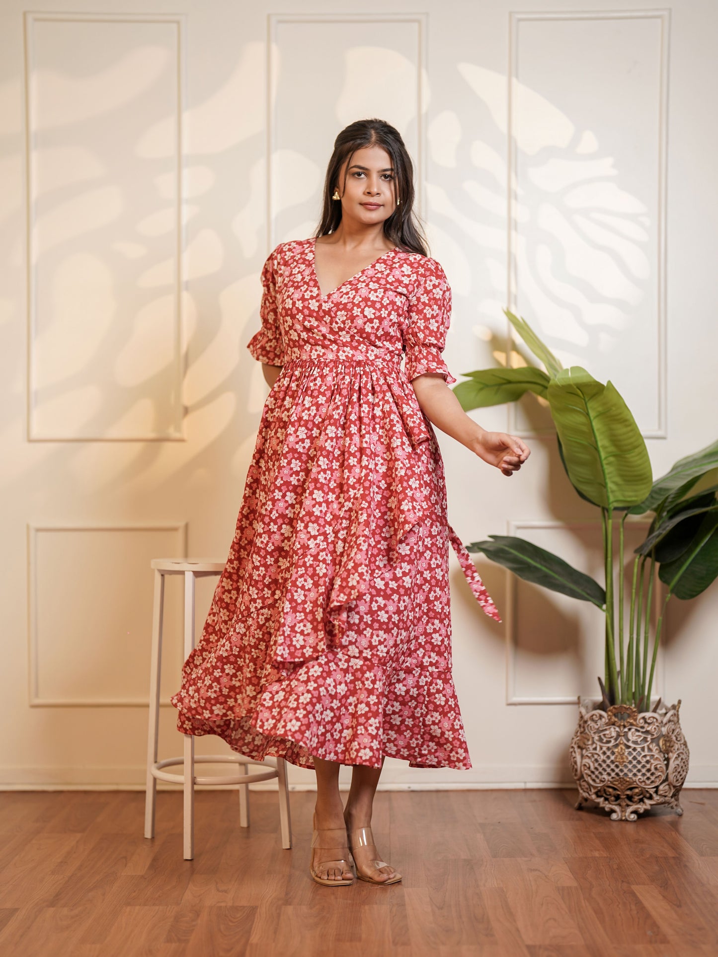 Natalie Handblock Printed Garden Waltz Midi Dress