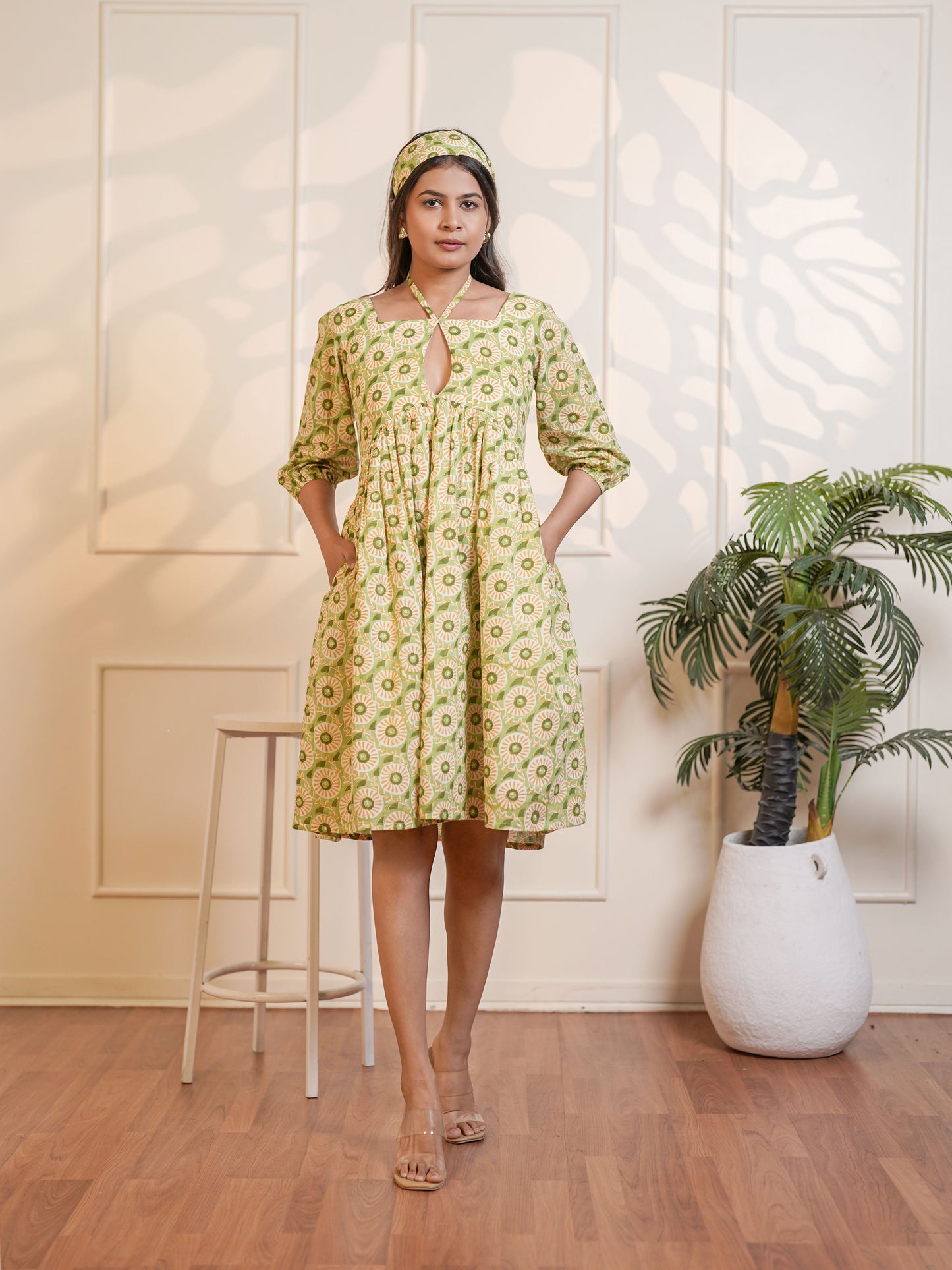 Leah Handblock Printed Meadow Midi Dress