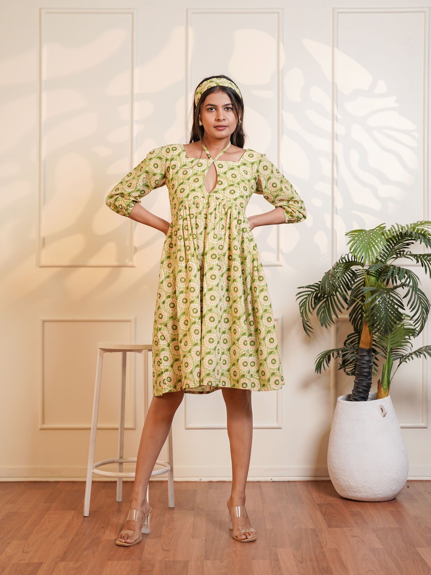 Leah Handblock Printed Meadow Midi Dress