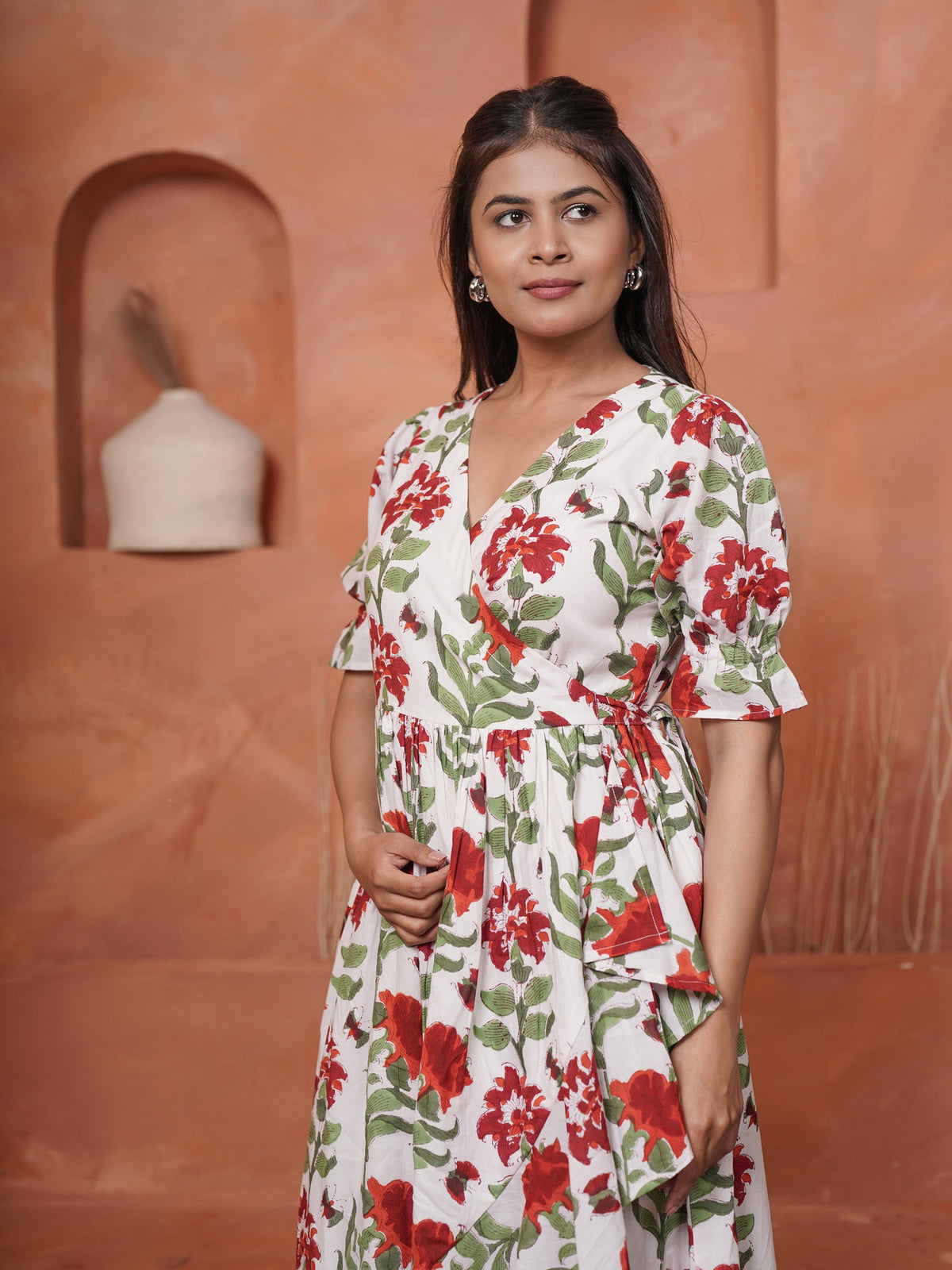 Rietaa Hand block Printed Floral Wrap Dress