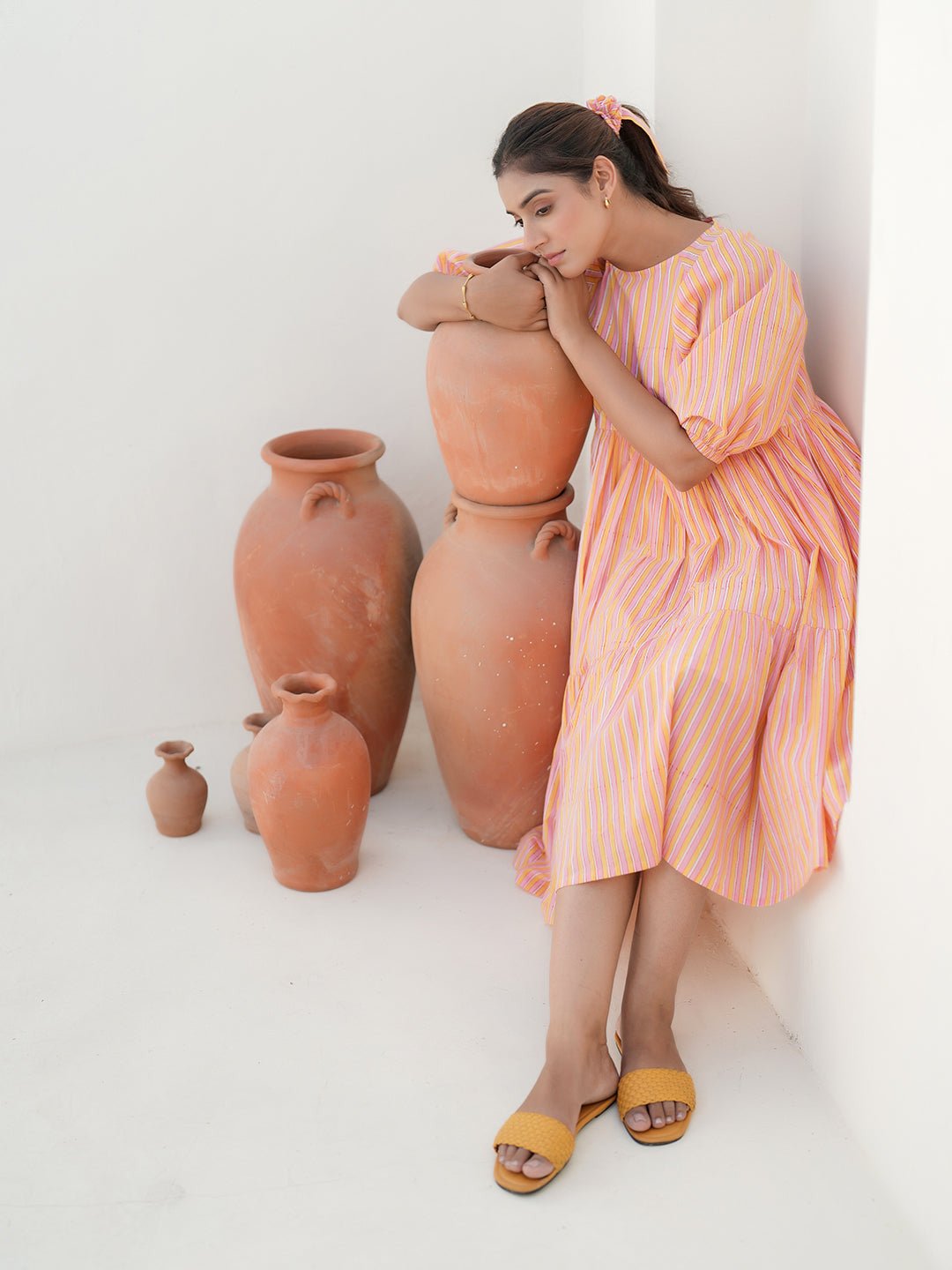 Emilia Sunset Stripe Hand Block Printed Tier Dress