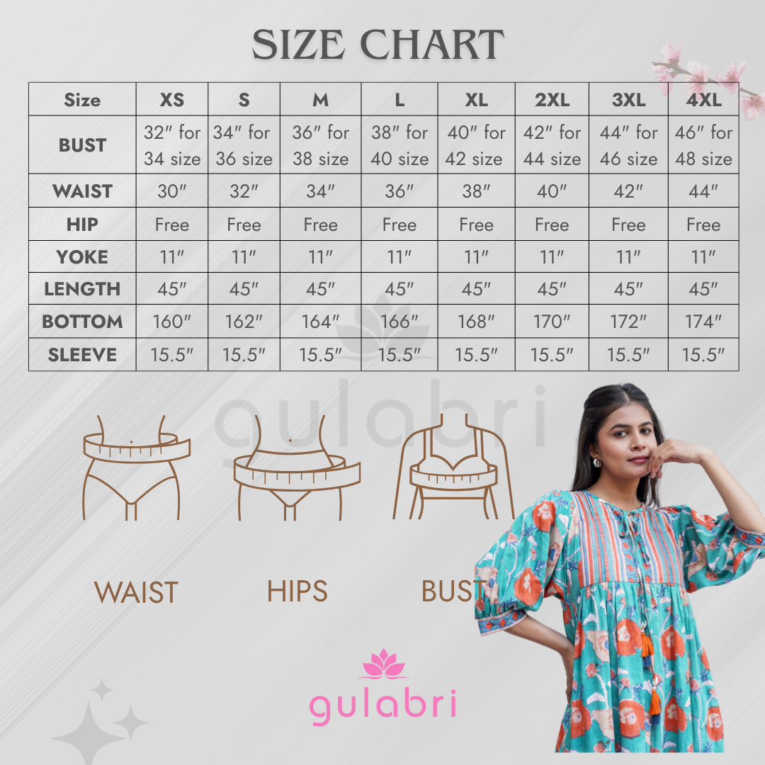 Miraya Hand block Printed Garden Stroll Dress - Size Chart