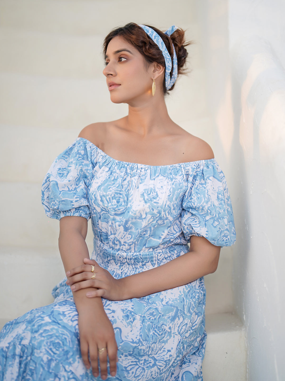 Fioana Hand Block Printed Off-Shoulder Maxi Dress