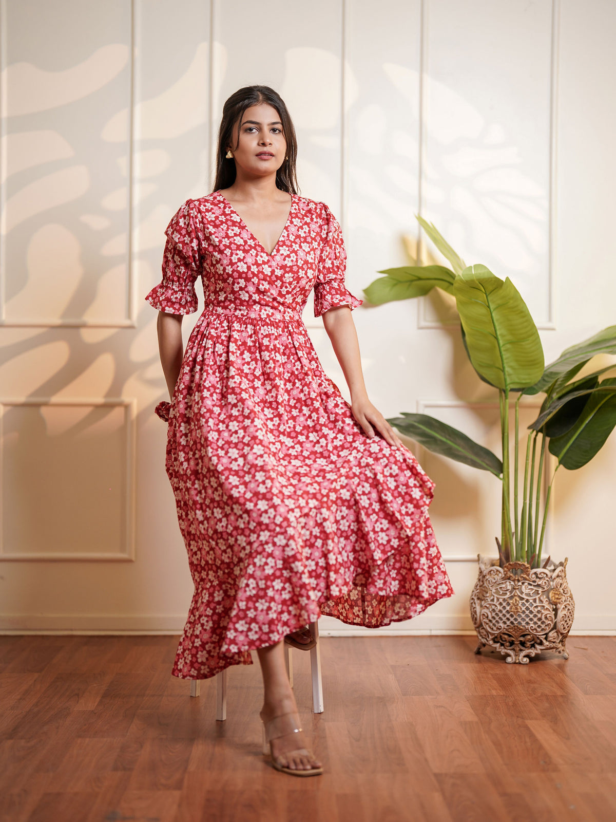 Natalie Hand block Printed Garden Waltz Midi Dress