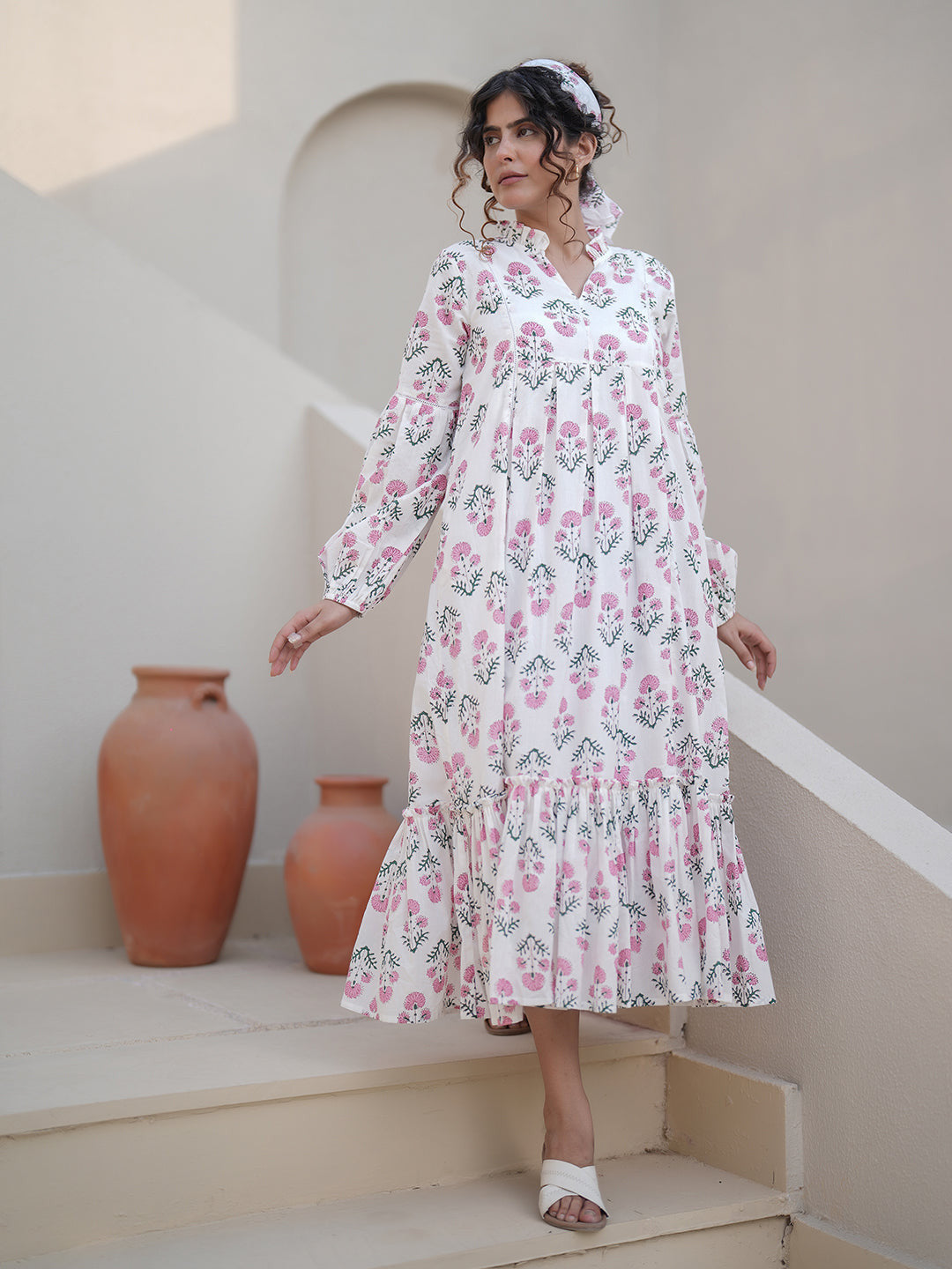 Elena Hand Block Printed Floral Ruffle Dress