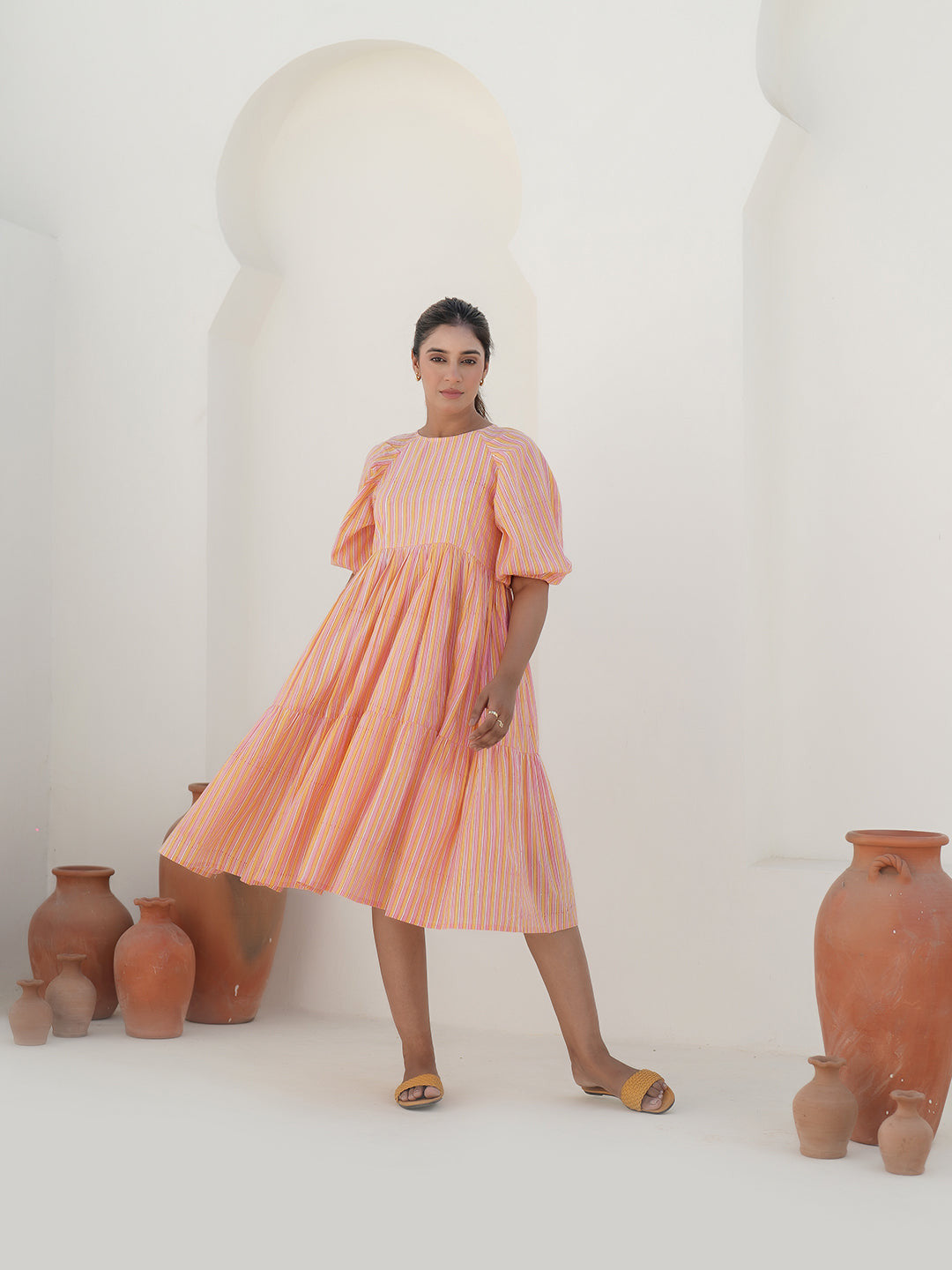 Emilia Sunset Stripe Hand Block Printed Tier Dress