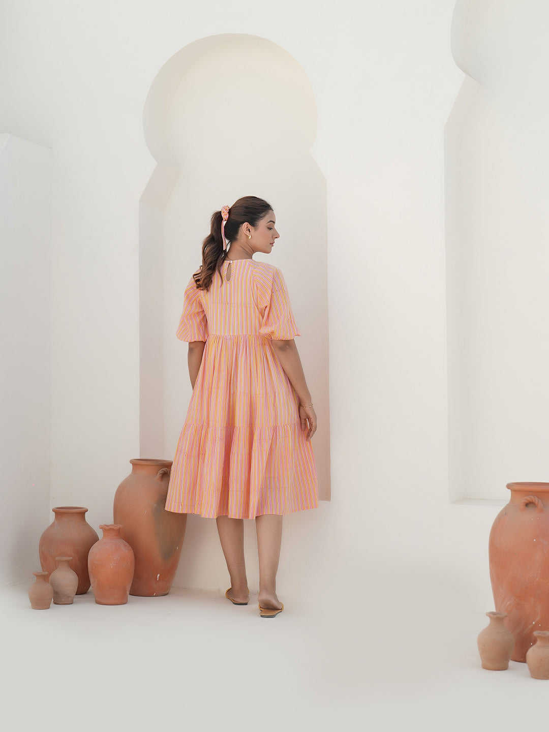 Emilia Sunset Stripe Hand Block Printed Tier Dress