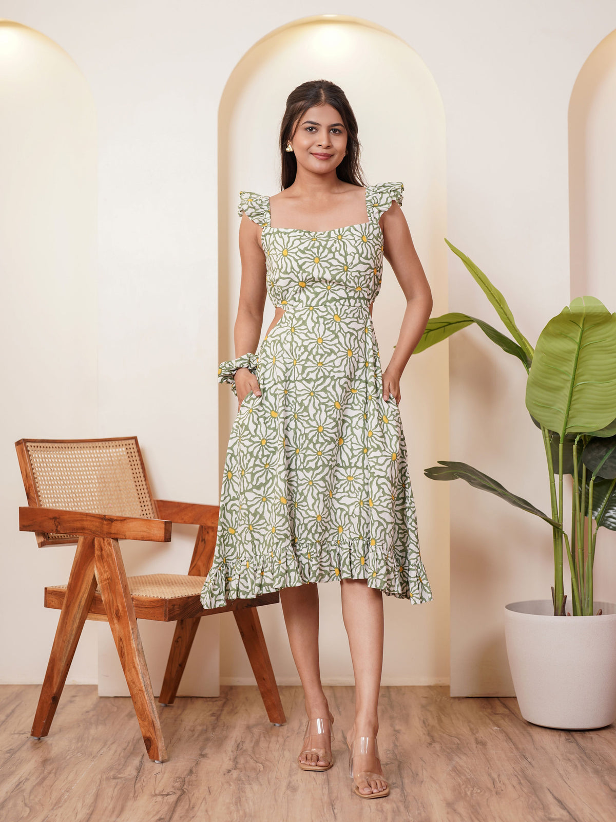 Eliza Hand block Printed Meadow Muse Midi Dress