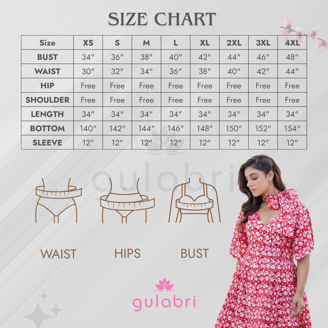 Zinnia Hand Block Printed Bloom Mini Dress - Size Chart