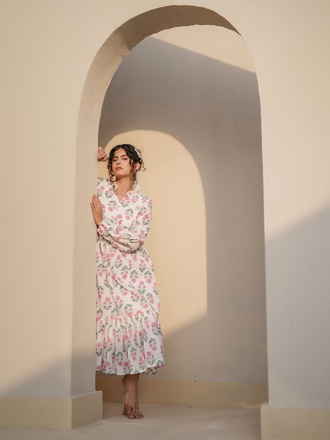 Elena Hand Block Printed Floral Ruffle Dress