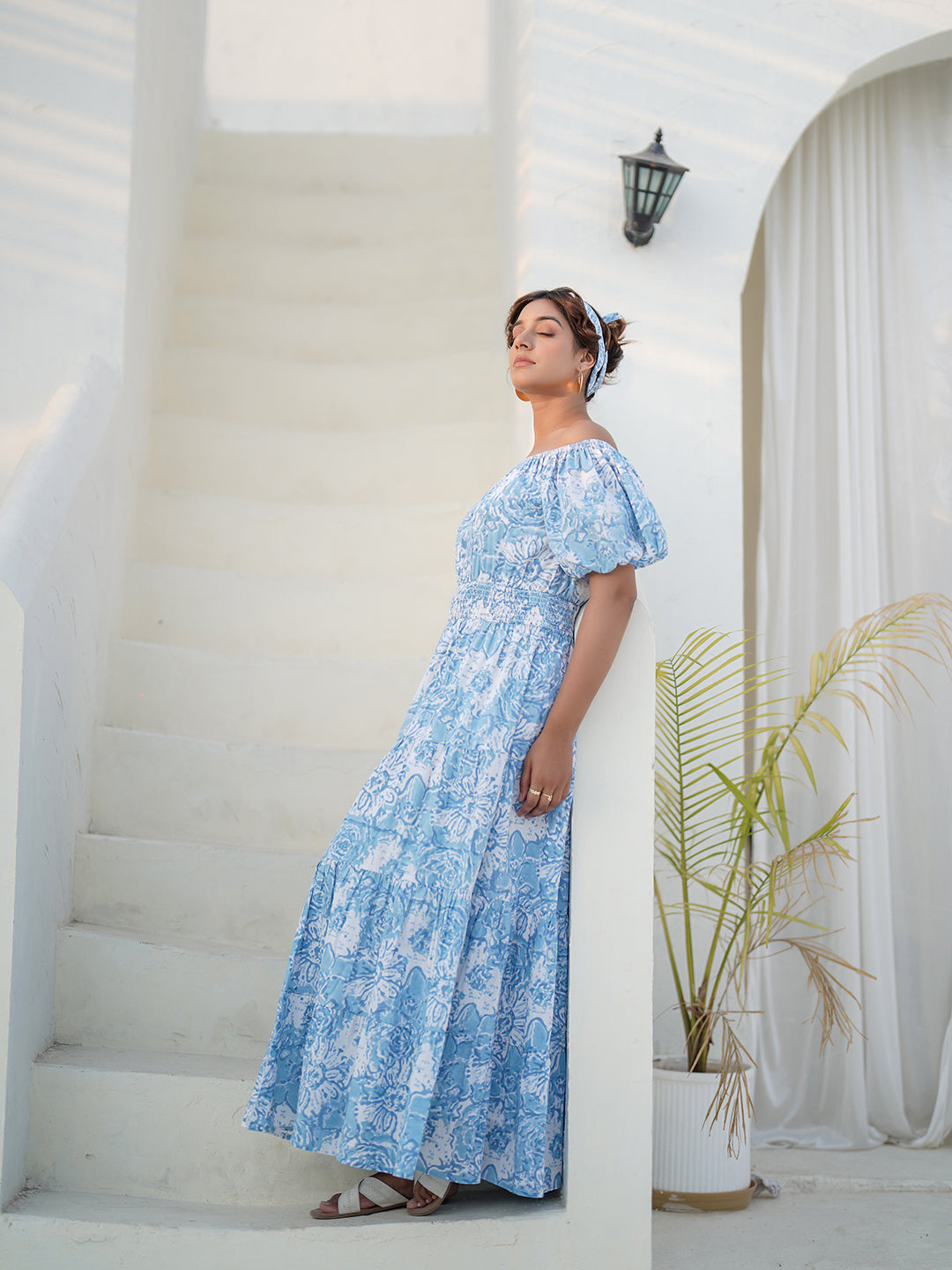 Fioana Hand Block Printed Off-Shoulder Maxi Dress