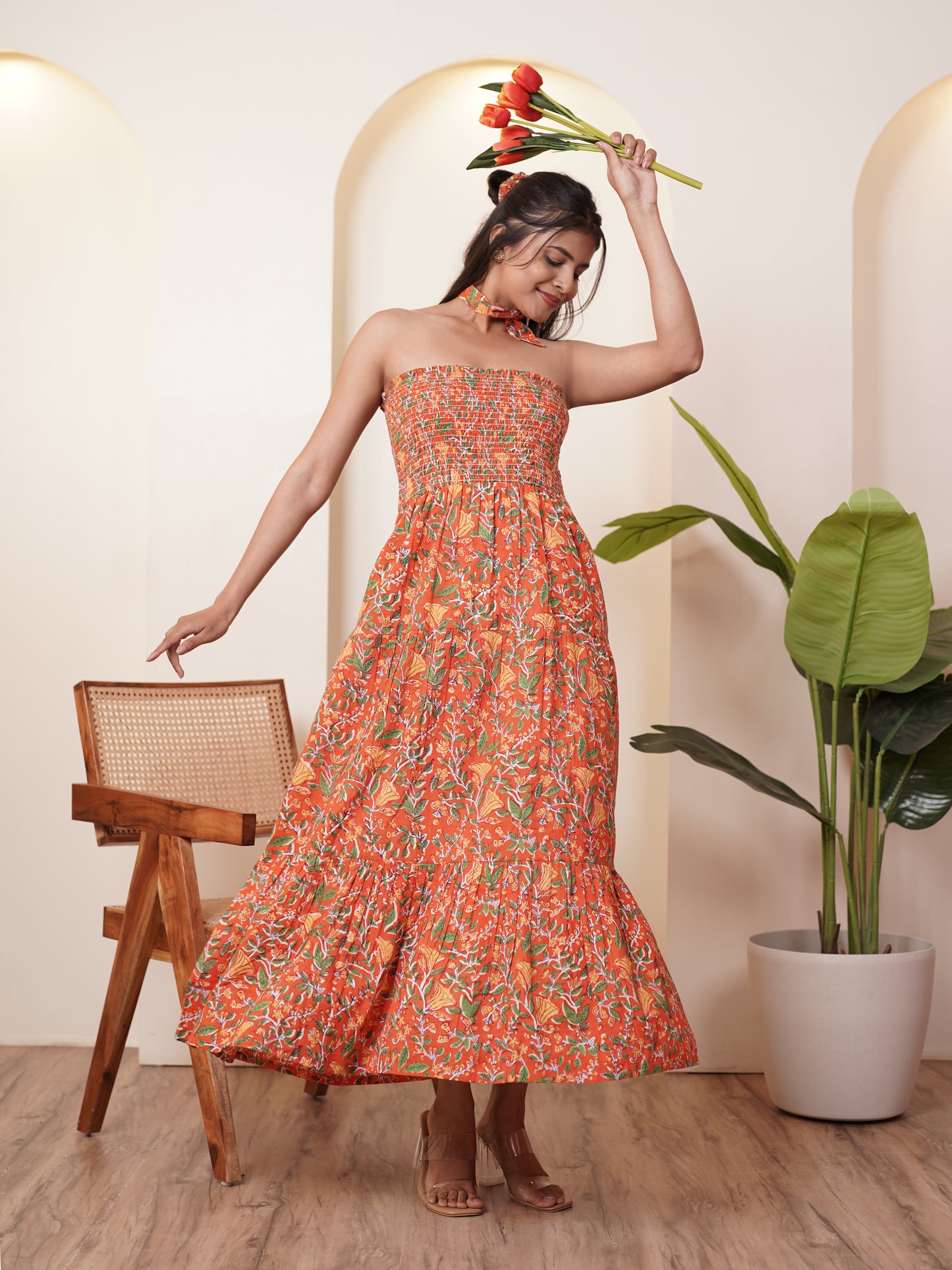 Celenia Handblock Printed Floral Long Dress