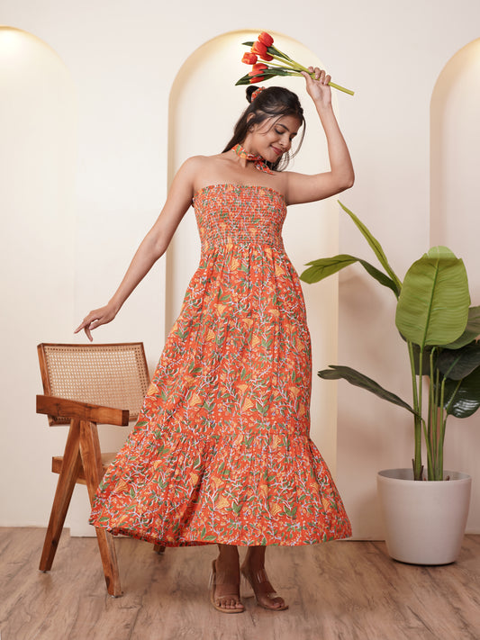 Celenia Handblock Printed Floral Long Dress