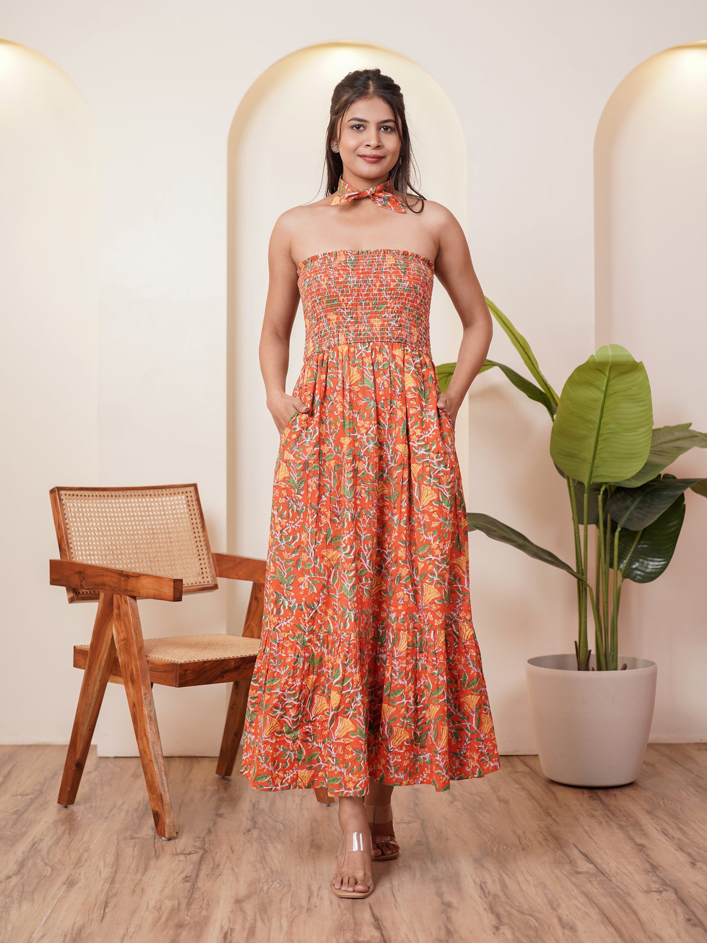 Celenia Handblock Printed Floral Long Dress