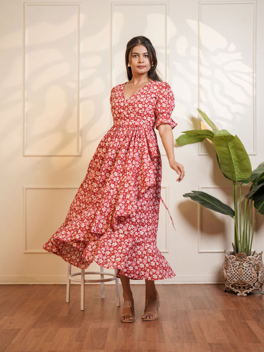Natalie Handblock Printed Garden Waltz Midi Dress