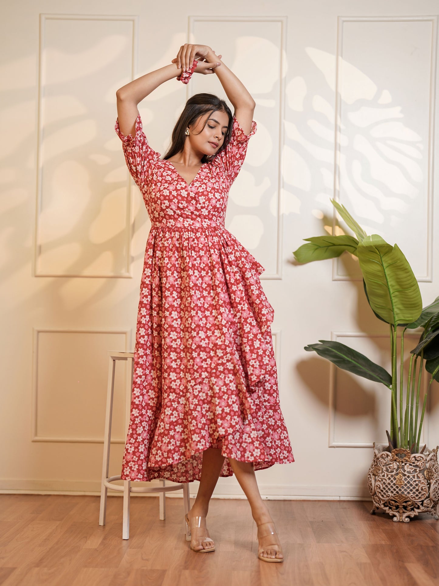Natalie Handblock Printed Garden Waltz Midi Dress