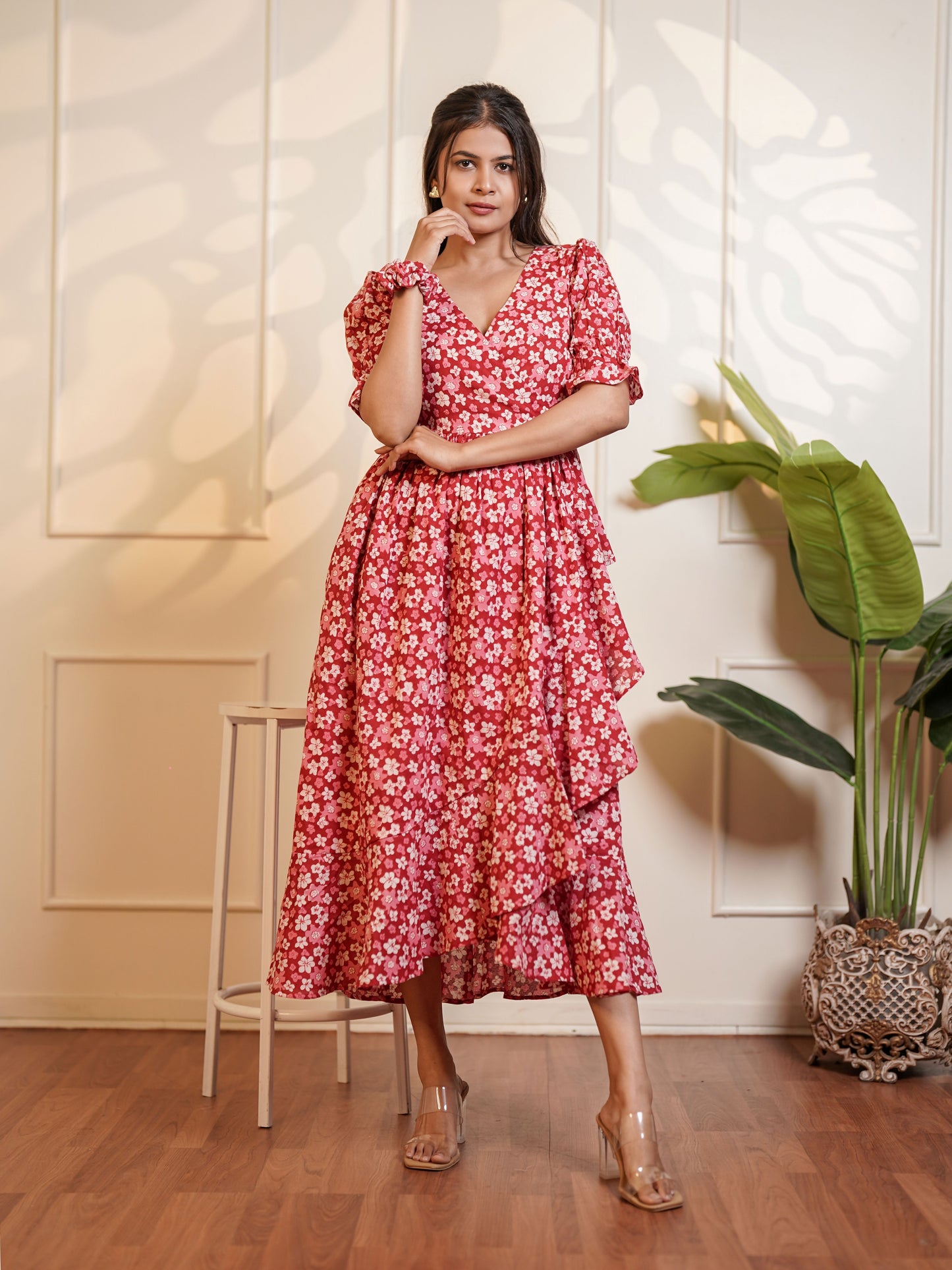 Natalie Handblock Printed Garden Waltz Midi Dress
