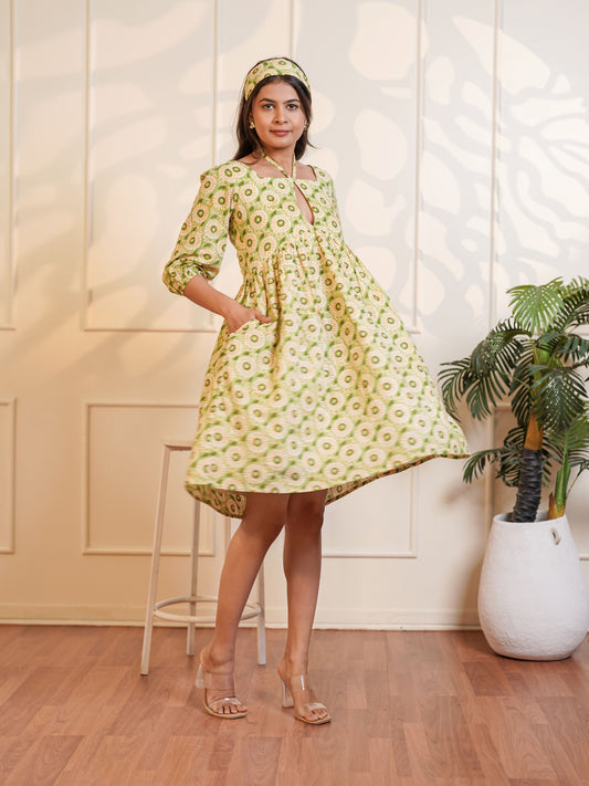 Leah Handblock Printed Meadow Midi Dress
