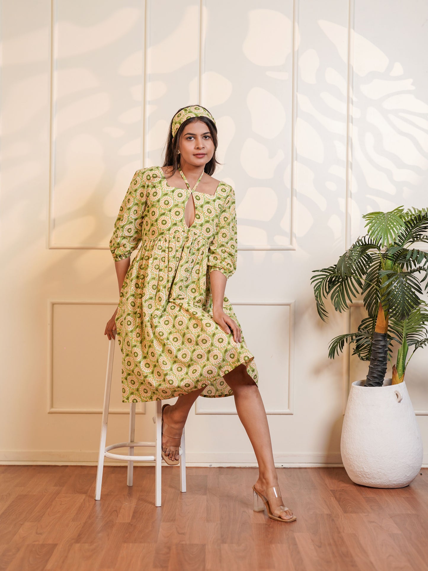 Leah Handblock Printed Meadow Midi Dress