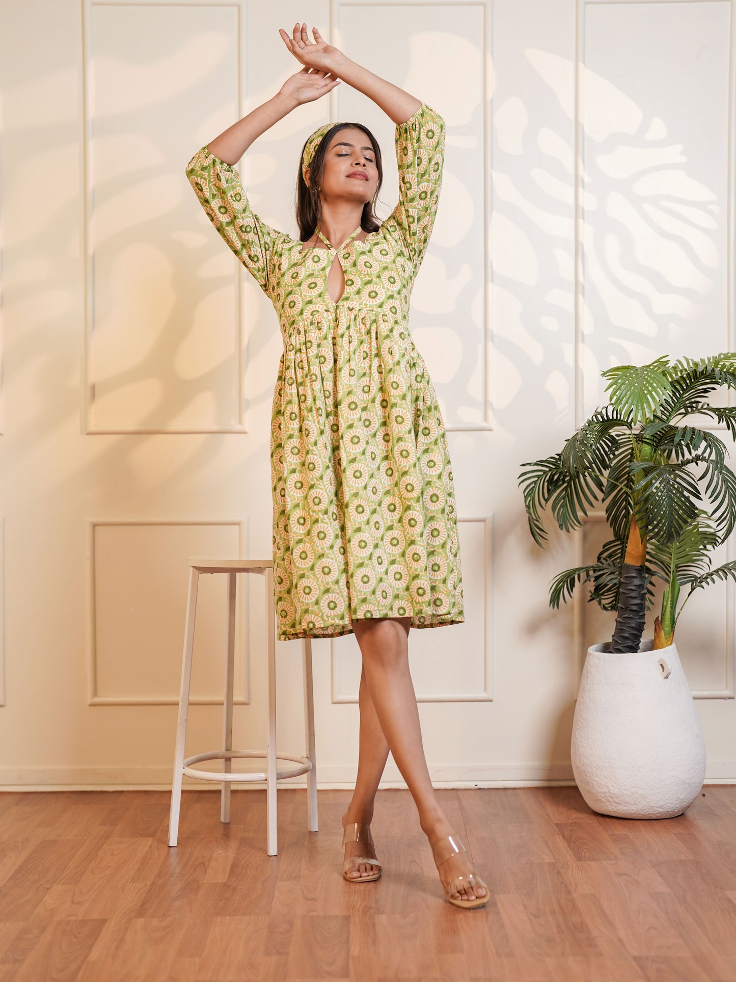 Leah Handblock Printed Meadow Midi Dress