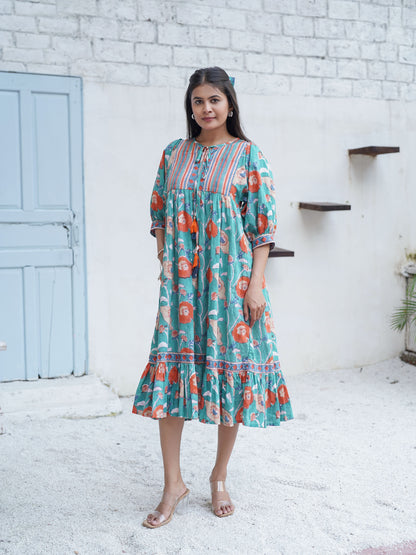 Miraya Handblock Printed Garden Stroll Dress