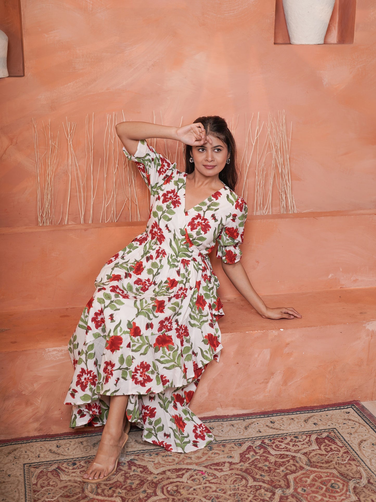 Rietaa Handblock Printed Floral Wrap Dress