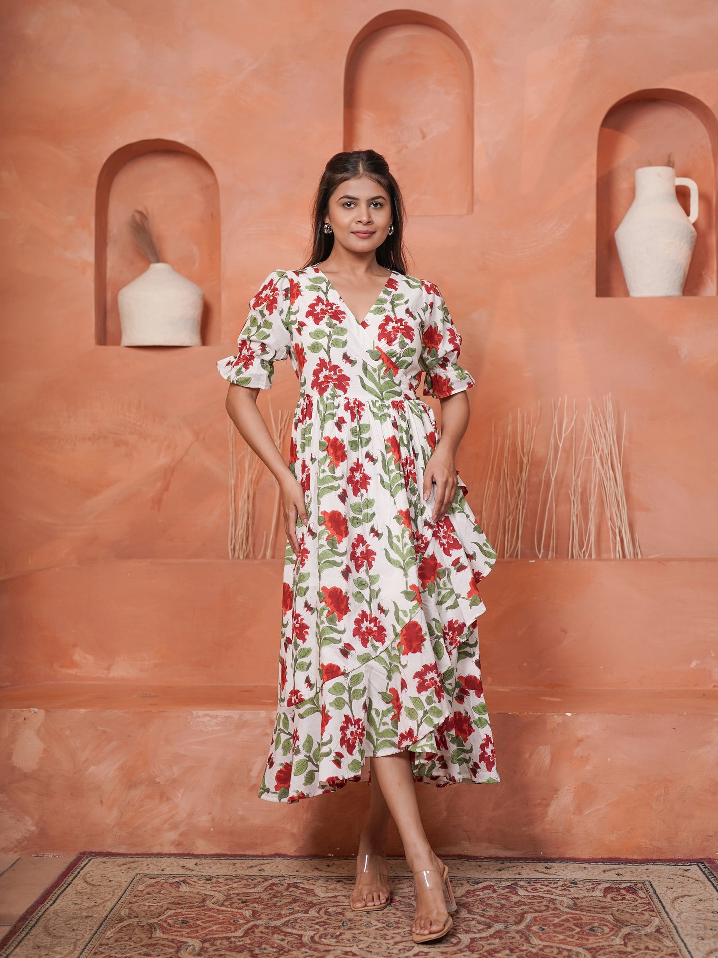 Rietaa Handblock Printed Floral Wrap Dress