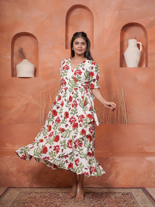 Rietaa Handblock Printed Floral Wrap Dress