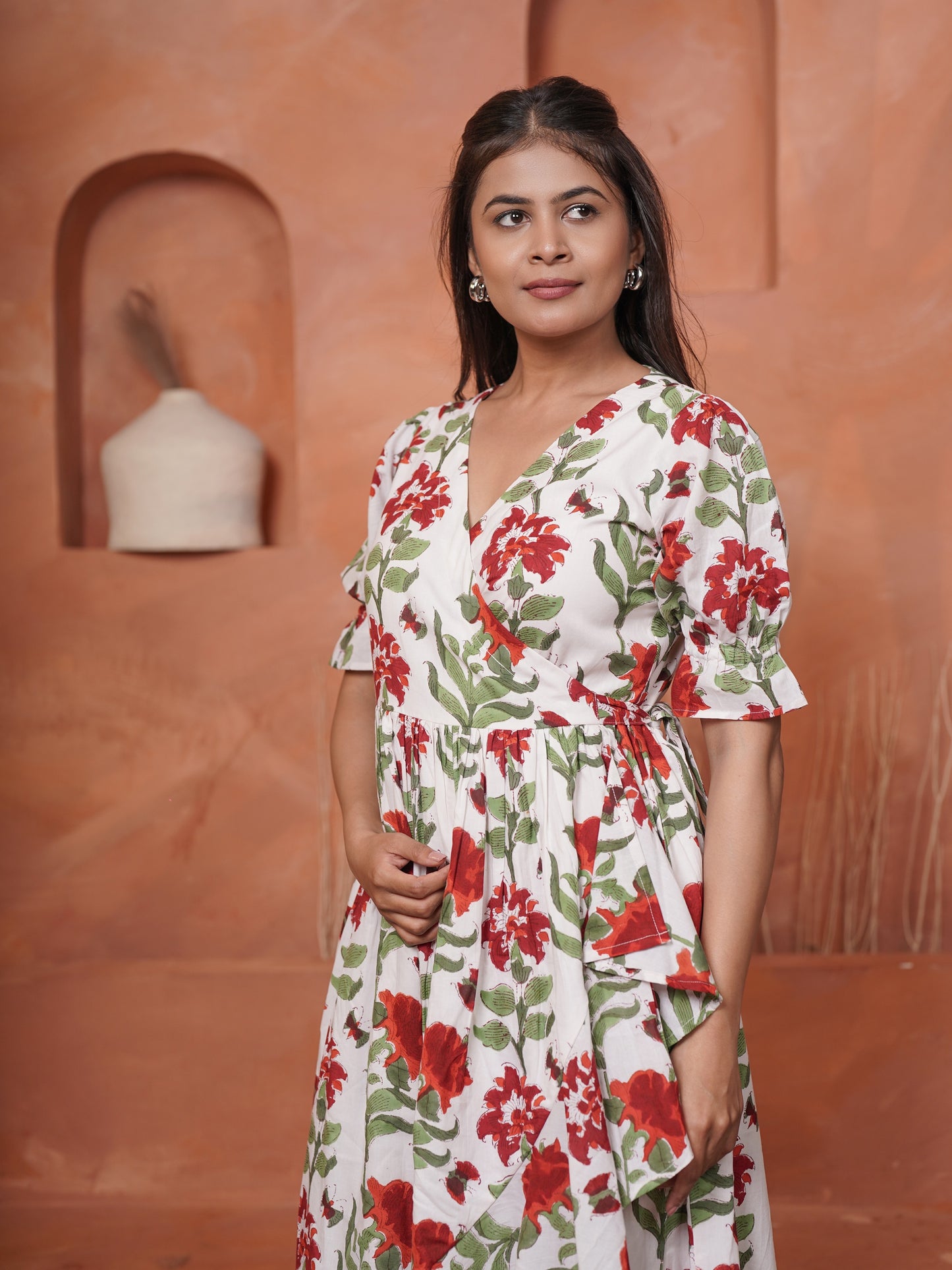 Rietaa Handblock Printed Floral Wrap Dress