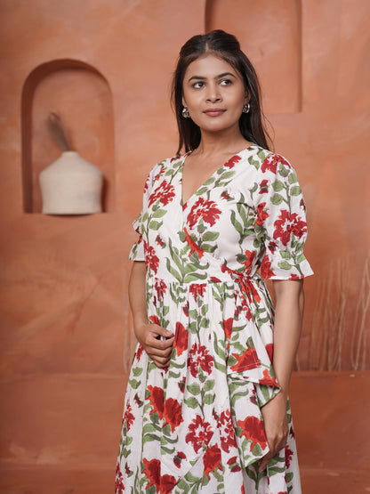 Rietaa Handblock Printed Floral Wrap Dress