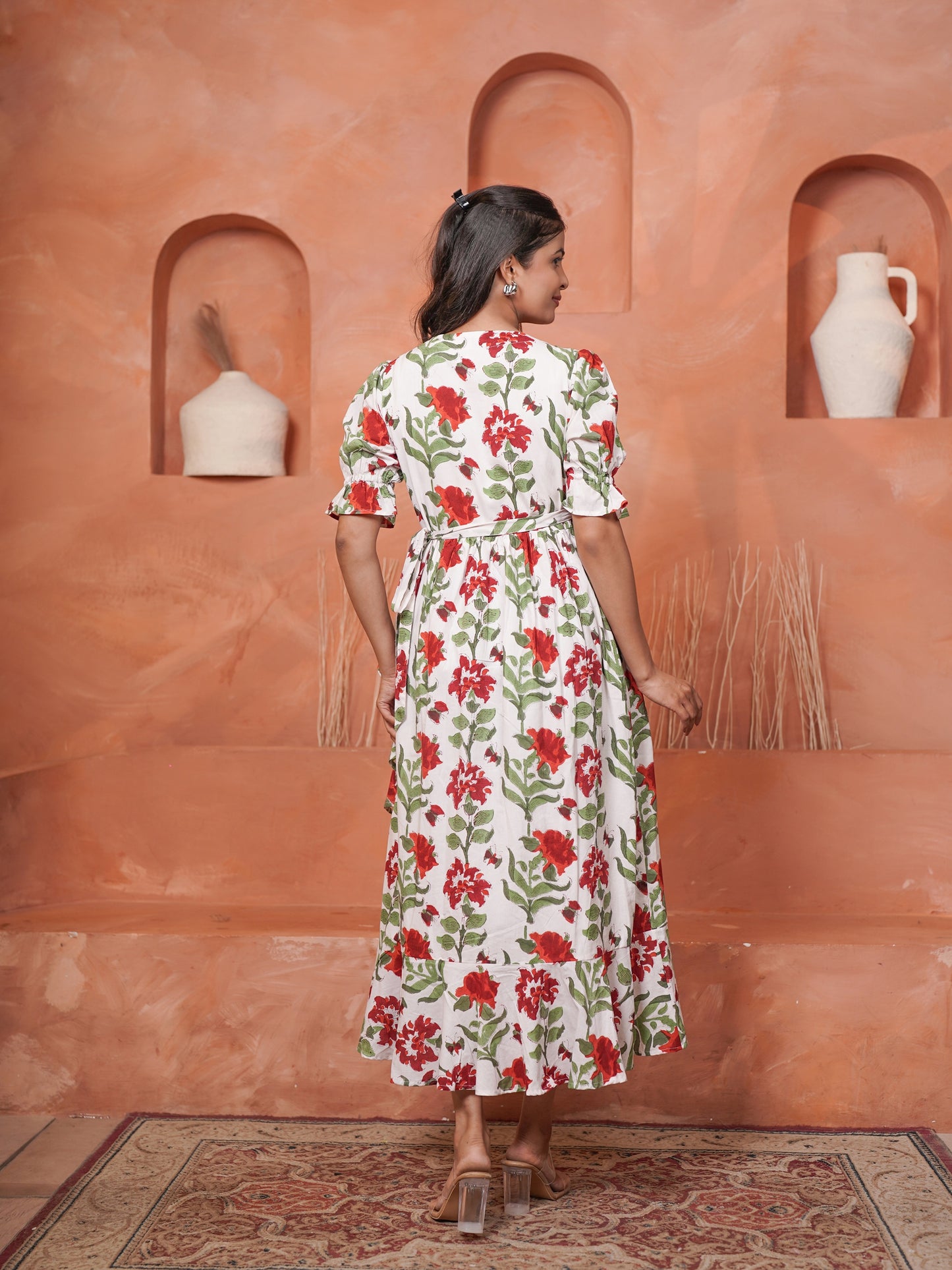 Rietaa Handblock Printed Floral Wrap Dress