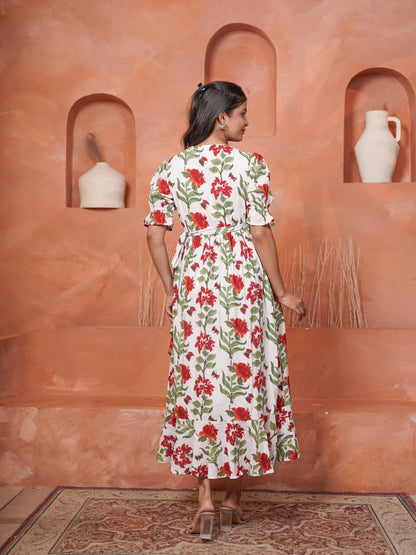Rietaa Handblock Printed Floral Wrap Dress