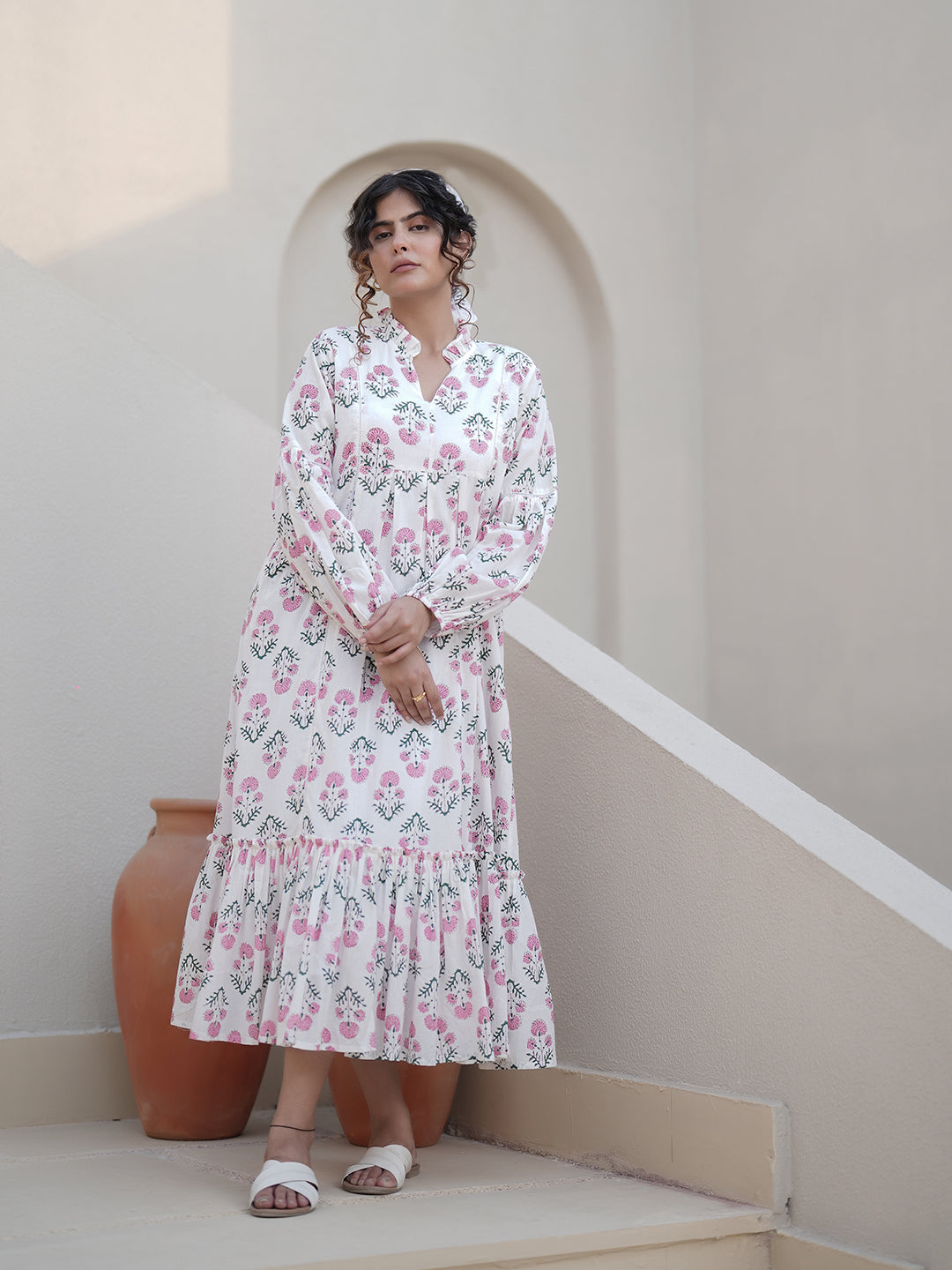 Elena HandBlock Floral Ruffle Dress