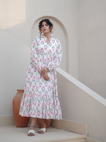 Elena HandBlock Floral Ruffle Dress