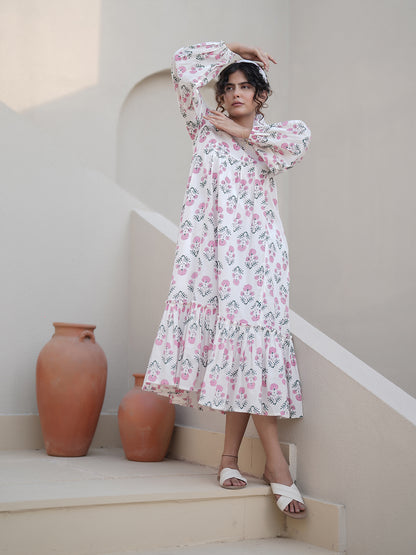 Elena HandBlock Floral Ruffle Dress