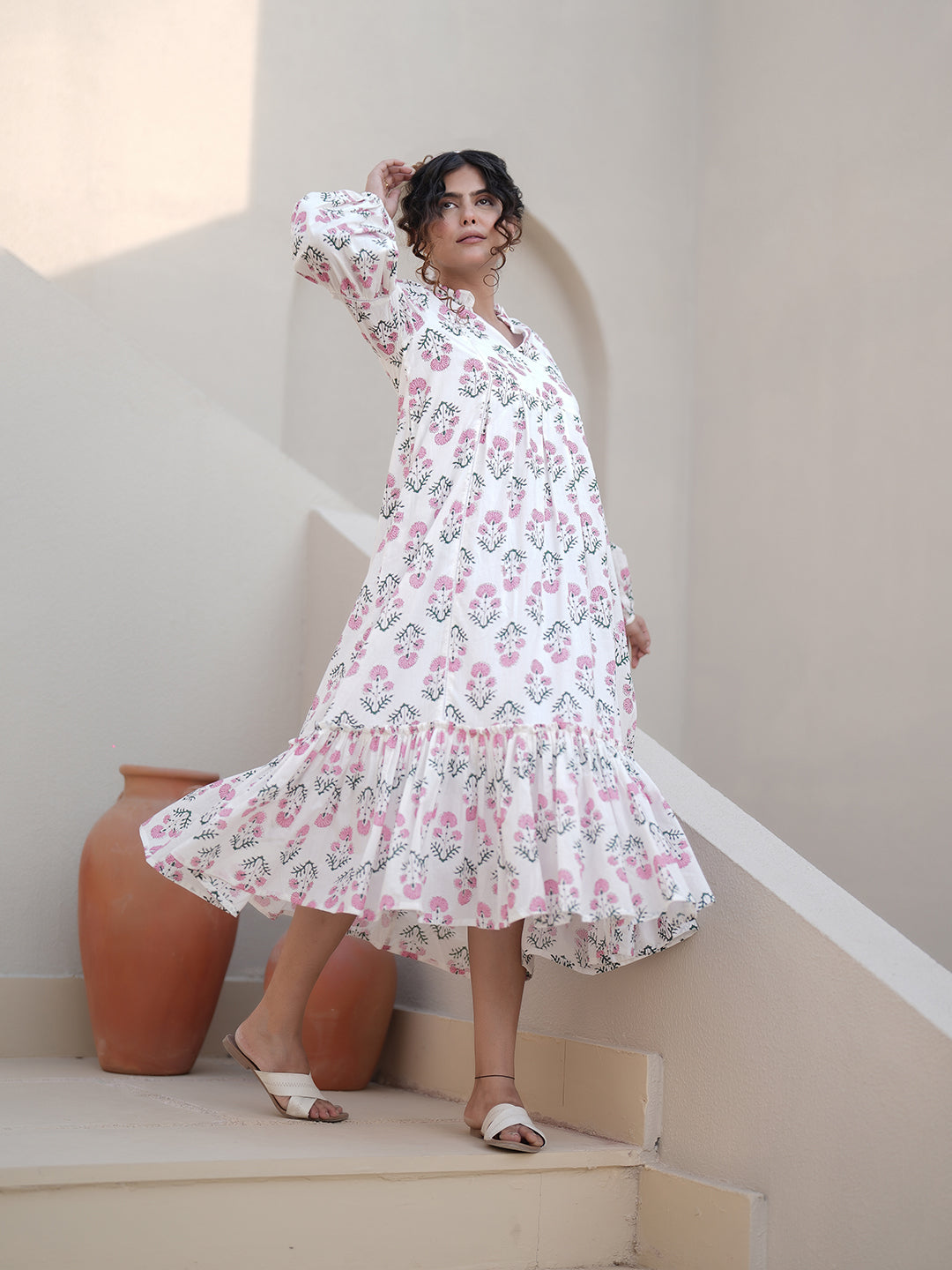 Elena HandBlock Floral Ruffle Dress