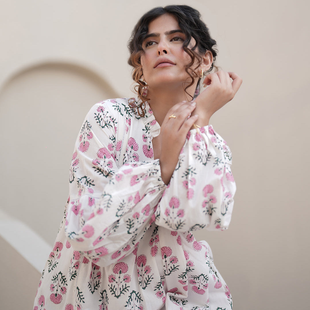 Elena HandBlock Floral Ruffle Dress