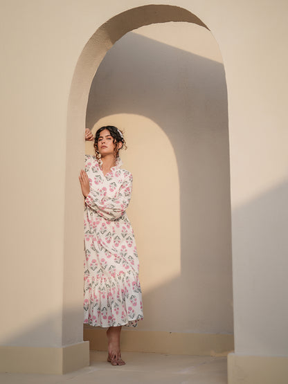 Elena HandBlock Floral Ruffle Dress