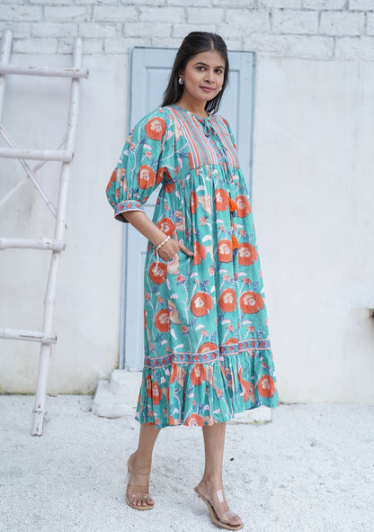 Miraya Handblock Printed Garden Stroll Dress