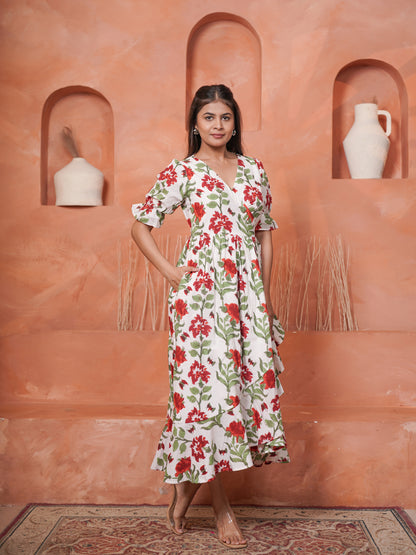 Rietaa Handblock Printed Floral Wrap Dress