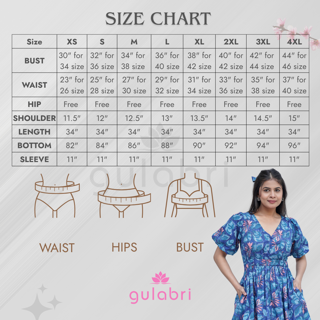 Emily Hand block Printed Tropical Day Dress - Size Chart