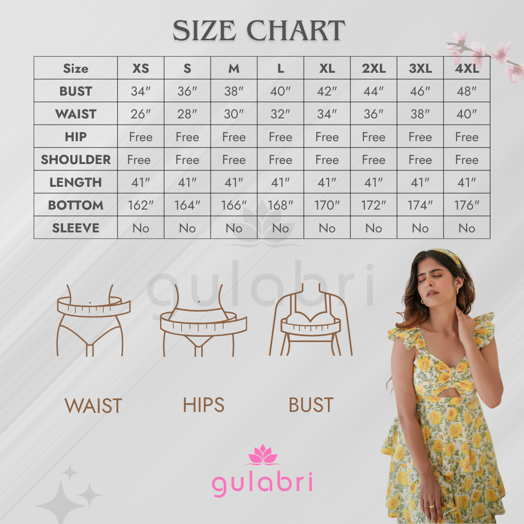 Azalia Hand block Printed Tiered Dress - Size Chart