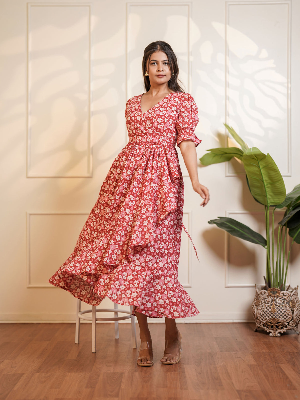 Natalie Hand block Printed Garden Waltz Midi Dress
