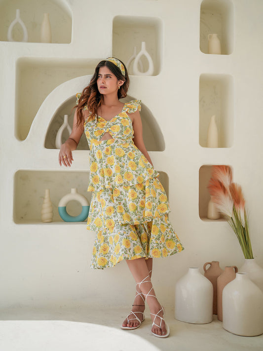 Azalia Hand block Printed Tiered Dress