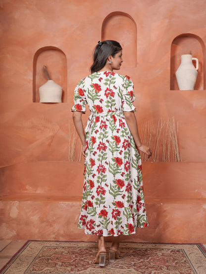 Rietaa Hand block Printed Floral Wrap Dress