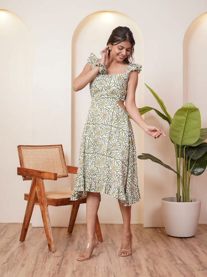 Eliza Hand block Printed Meadow Muse Midi Dress