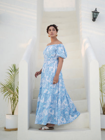 Fioana Hand Block Printed Off-Shoulder Maxi Dress