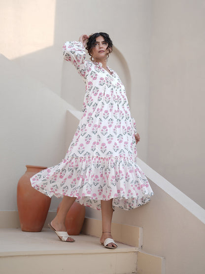 Elena Hand Block Printed Floral Ruffle Dress