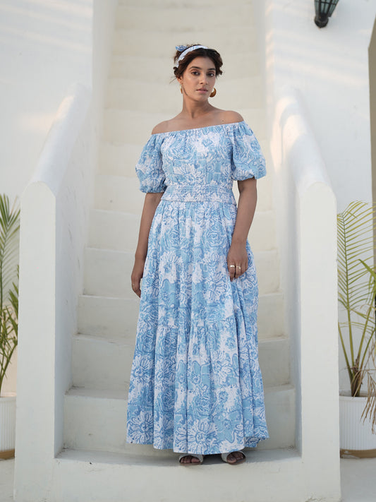 Fioana Hand Block Printed Off-Shoulder Maxi Dress