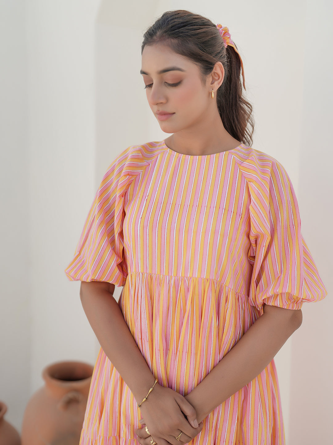 Emilia Sunset Stripe Hand Block Printed Tier Dress